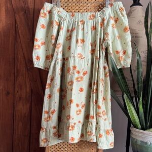 Wonderly Strapless Dress - Mint Green with Orange Floral